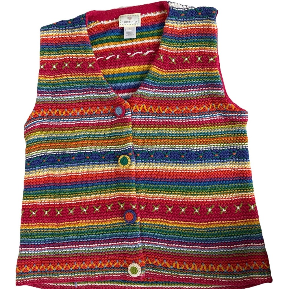 Vintage 90s Susan Bristol Sweater Vest Womens Large Rainbow Cottage Artsy